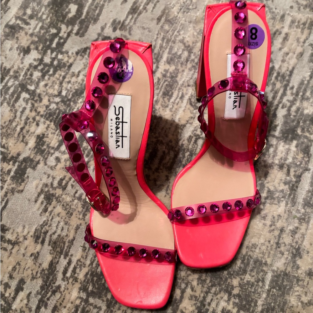 Sebastian pink sandals with pink embellishments. Size 38 1/2 (7 1/2).
